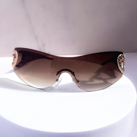 Y2K Rimless Sunglasses for Women, Unisex in Brown. Trendy Gradient Wrap-Around - Picture 3 of 7